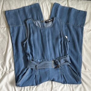 Karl Lagerfeld Blue Sleeveless Wide-Leg Denim Jumpsuit with Belt